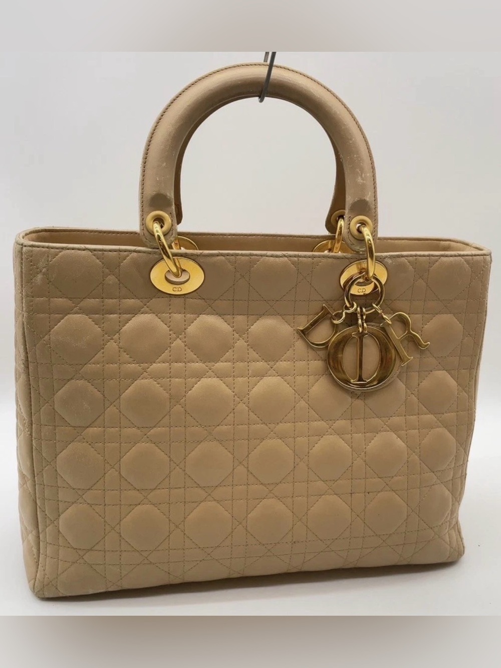 Authentic Vintage Christian Dior Leather Beige Gold Large Lady Dior Handbag